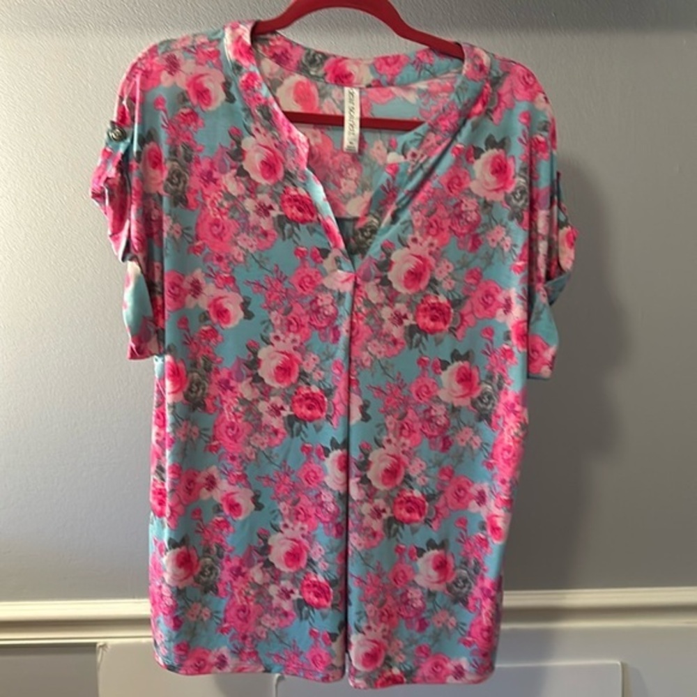 Pink and turquoise floral top